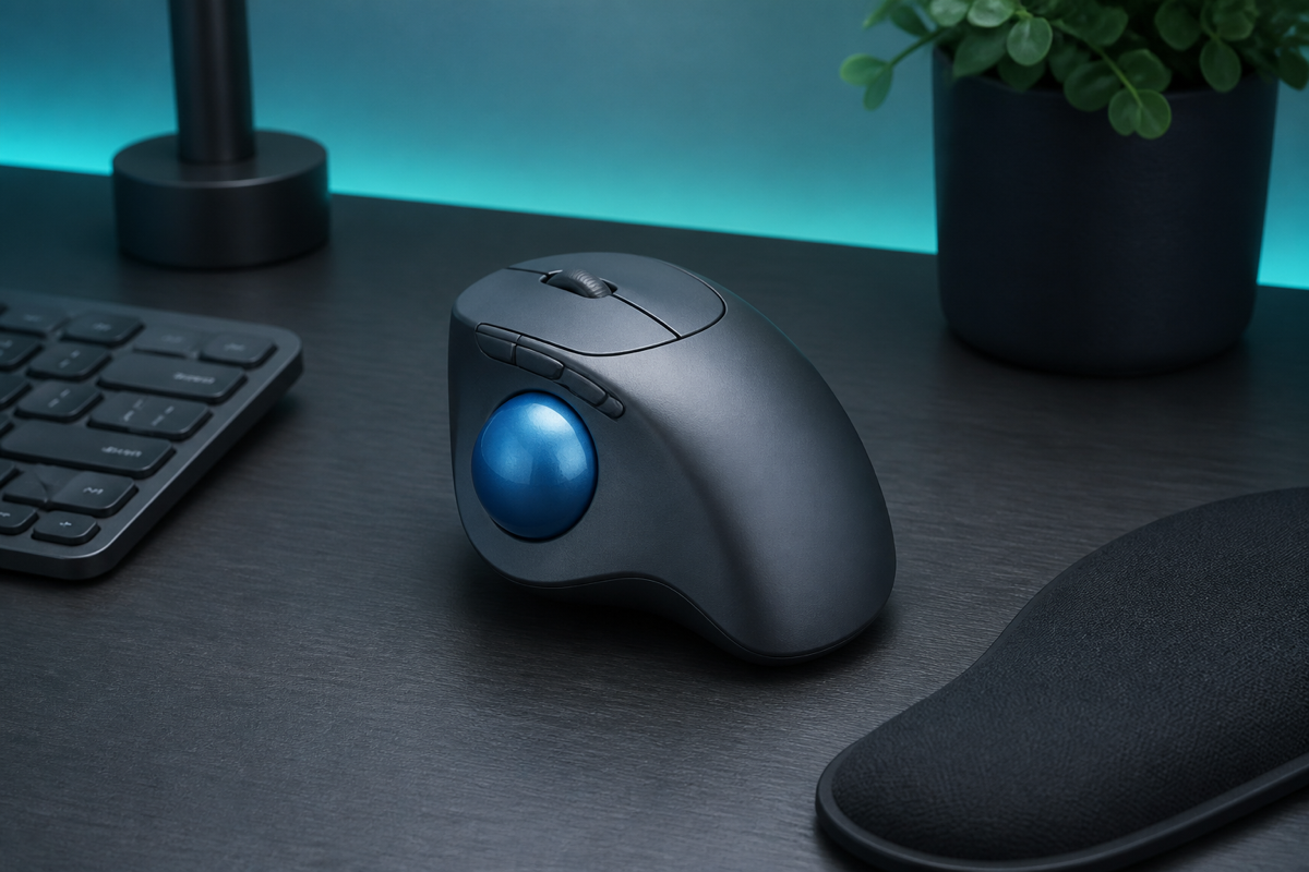 ภาพประกอบ Logitech ERGO M575S สีเทากับแทร็กบอลสีน้ำเงิน