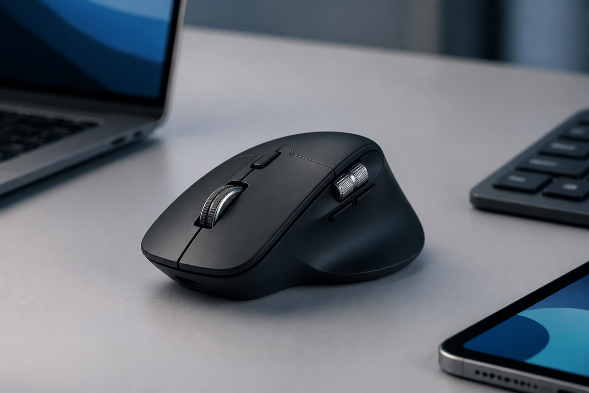 ภาพประกอบ Logitech M720 Triathlon สีดำกับอุปกรณ์สามเครื่อง
