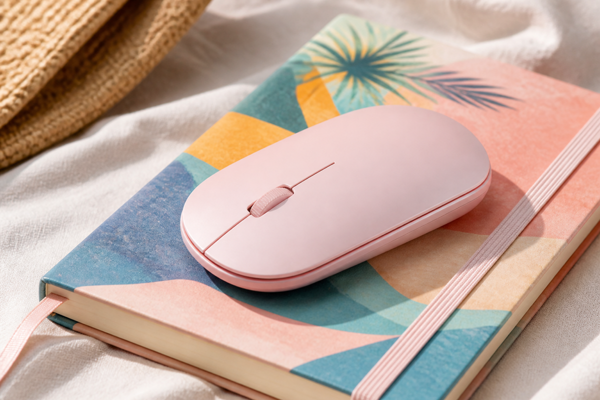 ภาพประกอบ Logitech Pebble Mouse 2 M350s สีชมพูบนโต๊ะพกพา