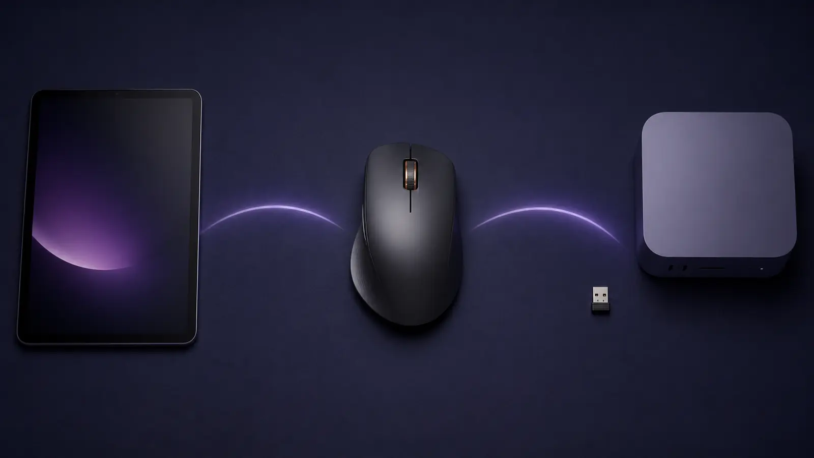 เมาส์สีดำเชื่อมด้วยเส้นแสงไปยังแท็บเล็ตและคอมพิวเตอร์พร้อมตัวรับ USB