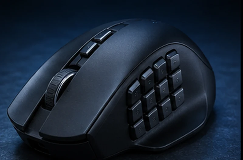 ภาพประกอบเมาส์ Razer Naga V2 Pro สีดำพร้อมปุ่มด้านข้างในสตูดิโอ